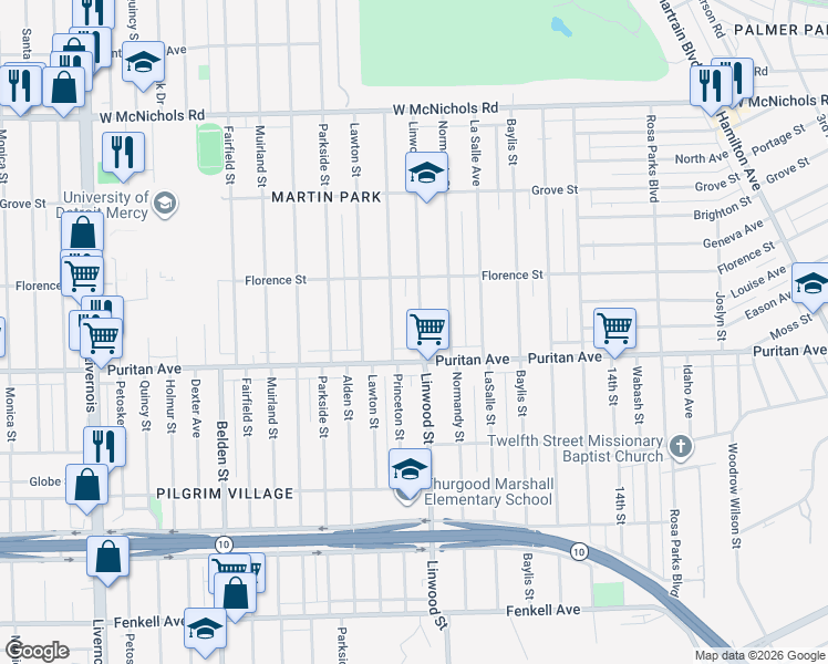 map of restaurants, bars, coffee shops, grocery stores, and more near 16152 Princeton Street in Detroit