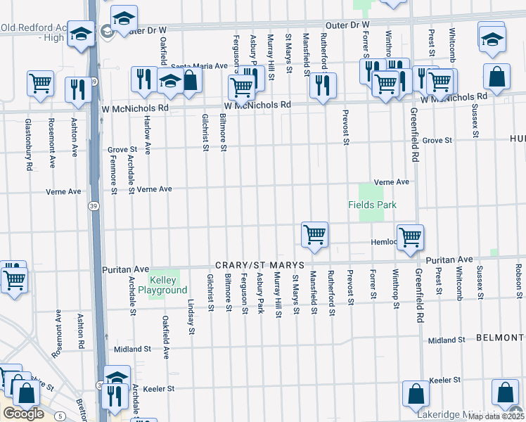 map of restaurants, bars, coffee shops, grocery stores, and more near 16551 Murray Hill Street in Detroit