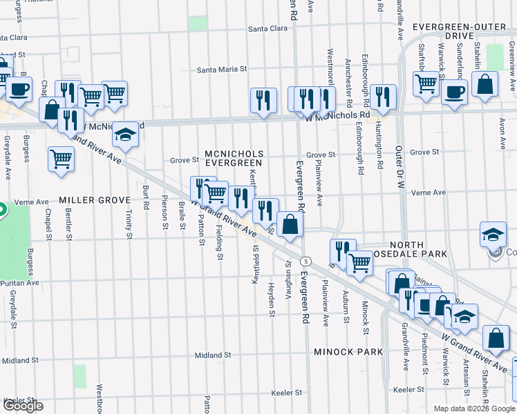 map of restaurants, bars, coffee shops, grocery stores, and more near 16579 Kentfield Street in Detroit