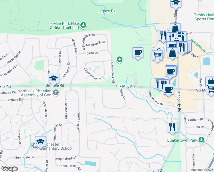 map of restaurants, bars, coffee shops, grocery stores, and more near 17090 Abby Circle in Northville