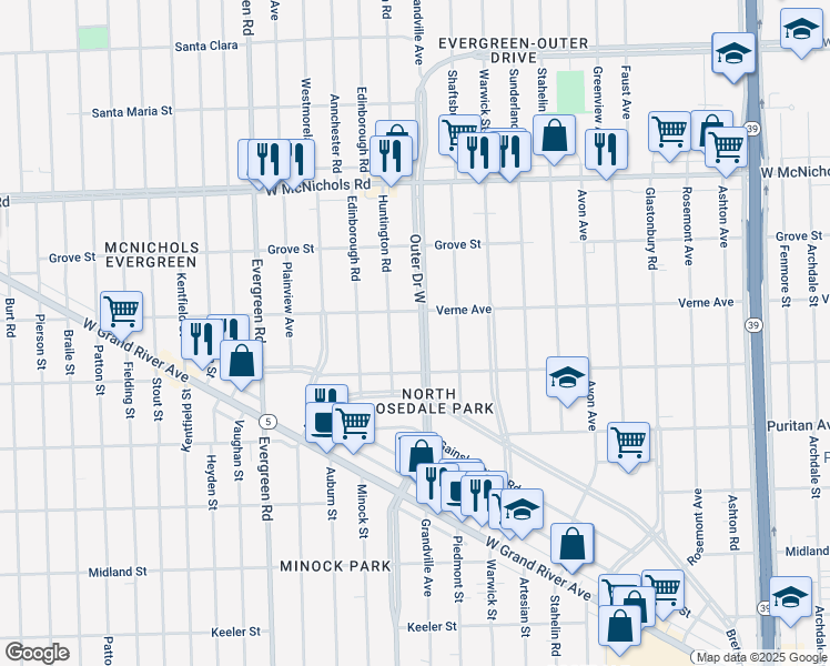 map of restaurants, bars, coffee shops, grocery stores, and more near 9282 Outer Drive West in Detroit