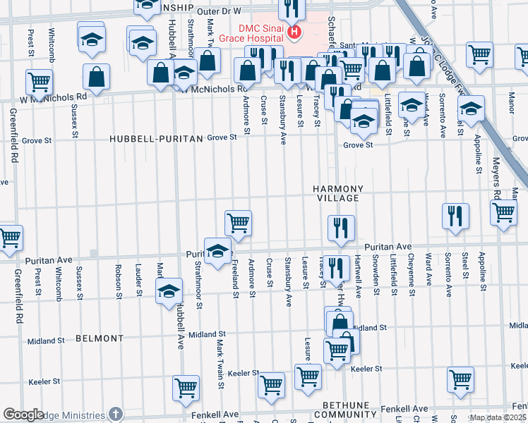 map of restaurants, bars, coffee shops, grocery stores, and more near 16221 Cruse Street in Detroit