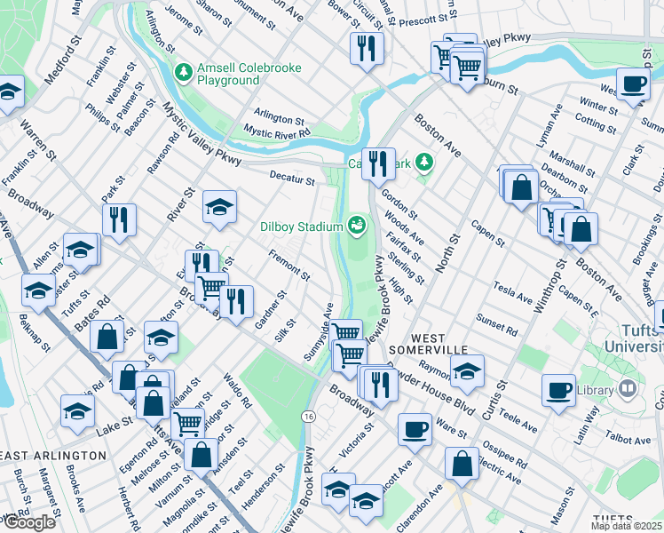 map of restaurants, bars, coffee shops, grocery stores, and more near 95 Sunnyside Avenue in Arlington