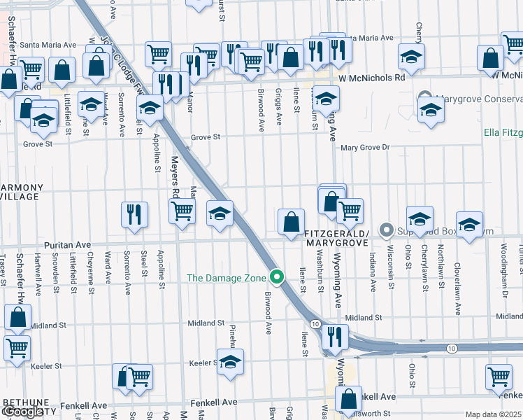 map of restaurants, bars, coffee shops, grocery stores, and more near 16191 Birwood Street in Detroit