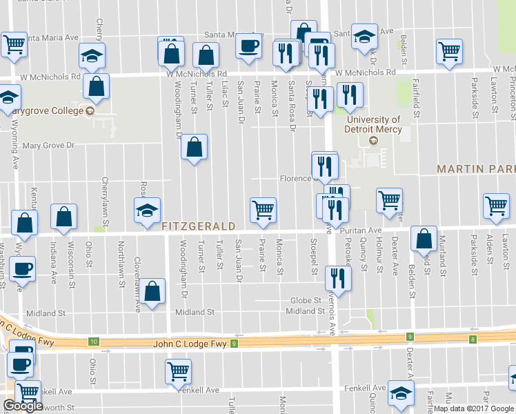 map of restaurants, bars, coffee shops, grocery stores, and more near 16177 Prairie Street in Detroit