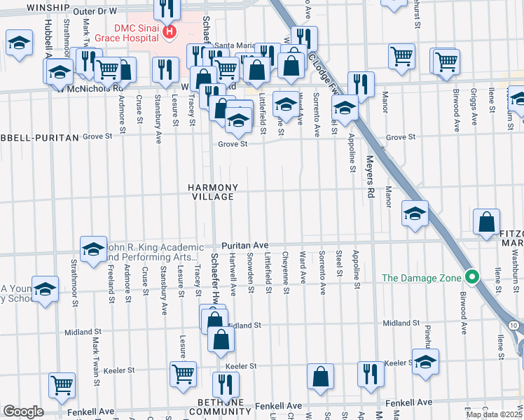 map of restaurants, bars, coffee shops, grocery stores, and more near 16209 Littlefield Street in Detroit