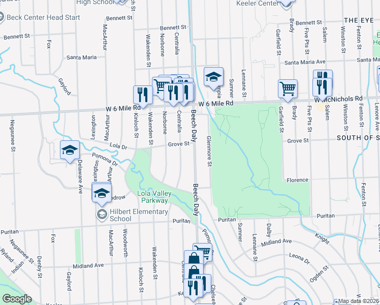 map of restaurants, bars, coffee shops, grocery stores, and more near 16753 Beech Daly in Redford Charter Township