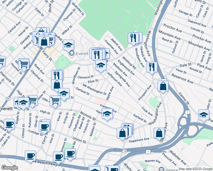 map of restaurants, bars, coffee shops, grocery stores, and more near 15 Richdale Avenue in Everett