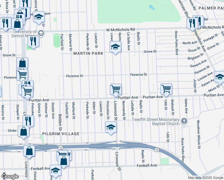 map of restaurants, bars, coffee shops, grocery stores, and more near 16152 Princeton Street in Detroit