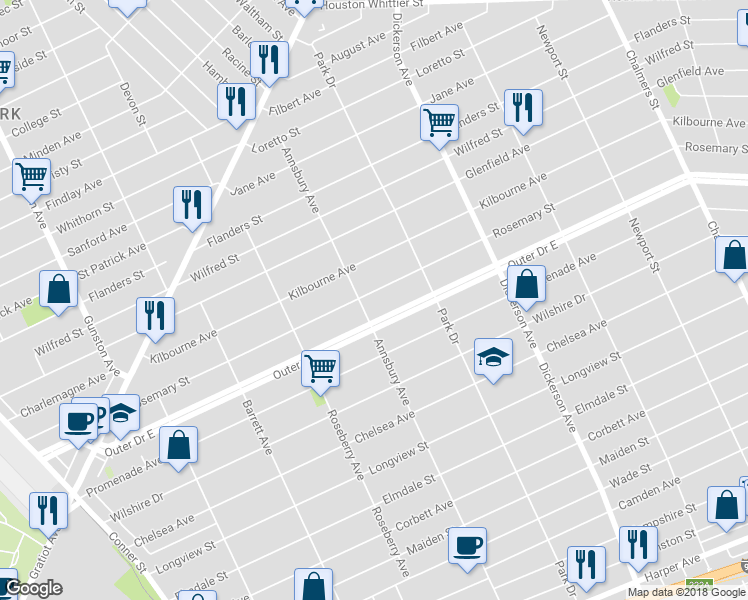 map of restaurants, bars, coffee shops, grocery stores, and more near 12518 Rosemary Avenue in Detroit