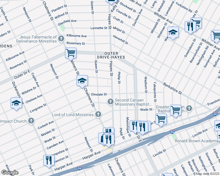 map of restaurants, bars, coffee shops, grocery stores, and more near 9745 Hayes Street in Detroit