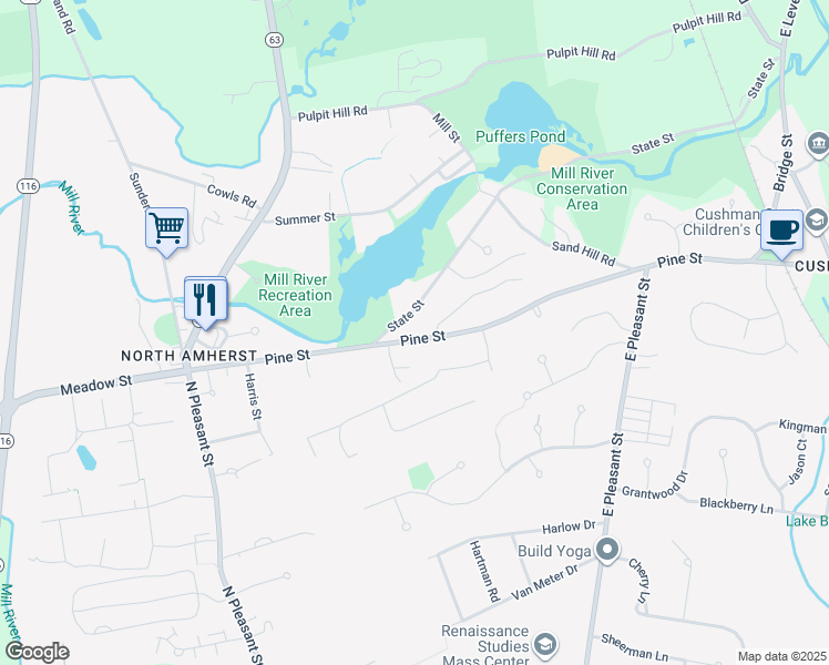 map of restaurants, bars, coffee shops, grocery stores, and more near 188 Pine Street in Amherst