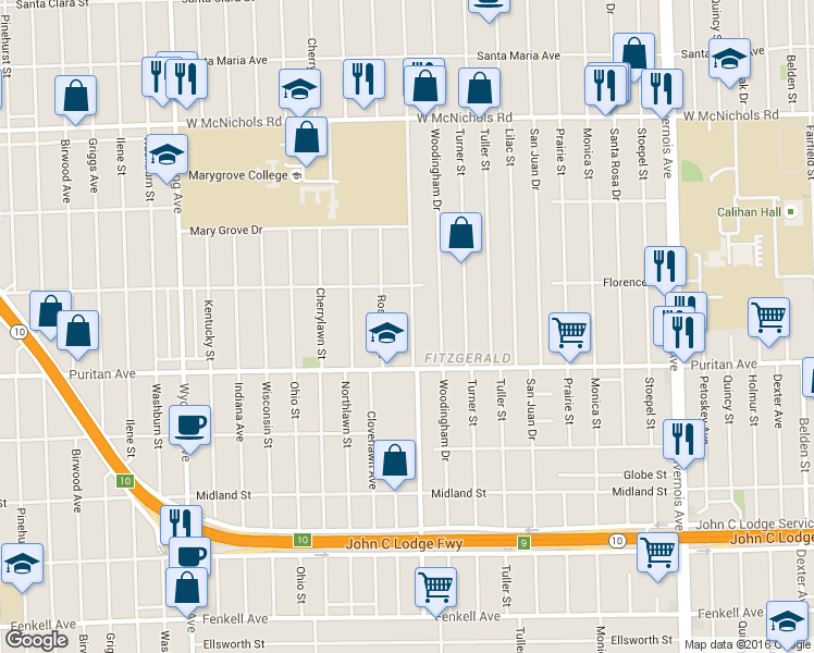 map of restaurants, bars, coffee shops, grocery stores, and more near 16185 Greenlawn Street in Detroit