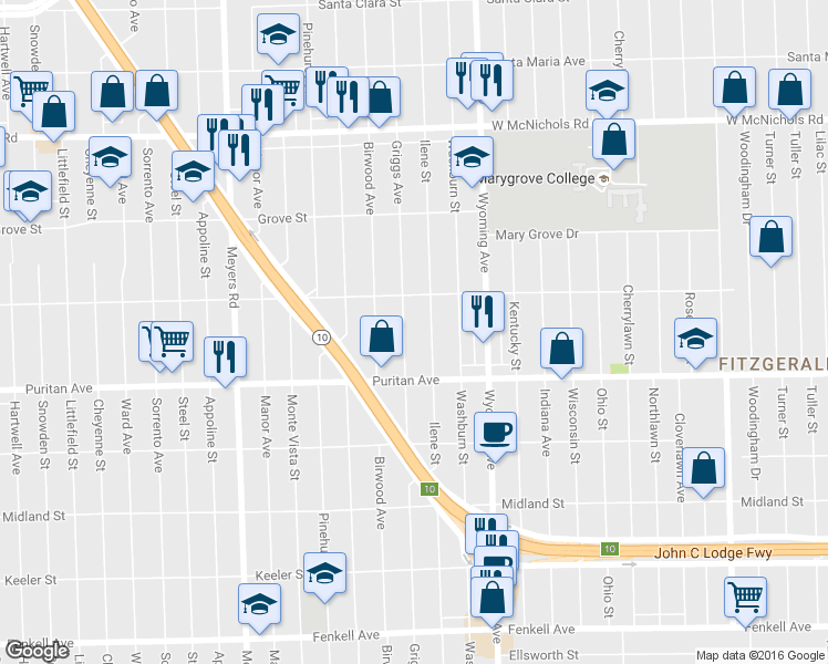 map of restaurants, bars, coffee shops, grocery stores, and more near 16190 Griggs Ave in Detroit