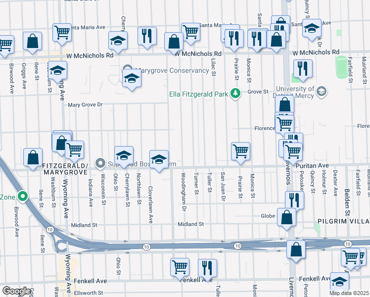 map of restaurants, bars, coffee shops, grocery stores, and more near 16182 Woodingham Drive in Detroit