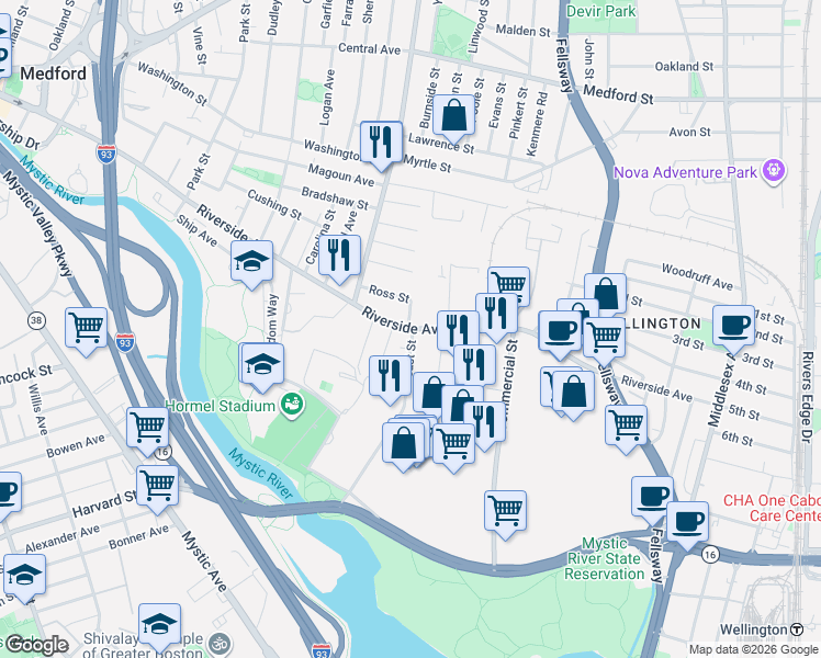 map of restaurants, bars, coffee shops, grocery stores, and more near 375 Riverside Avenue in Medford