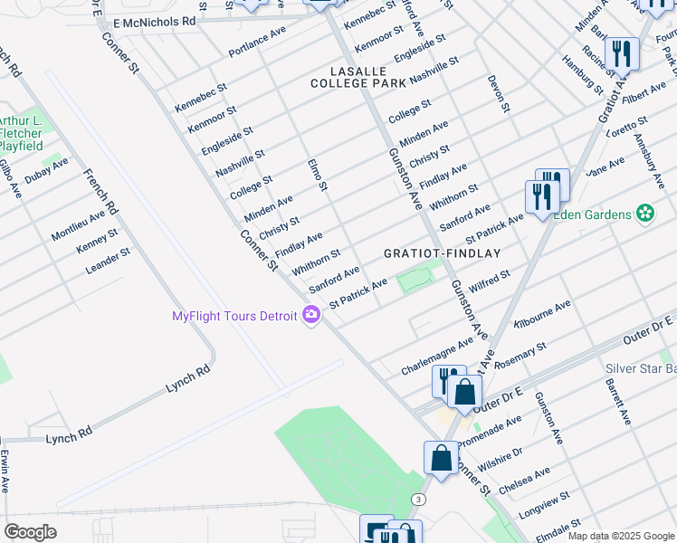 map of restaurants, bars, coffee shops, grocery stores, and more near 11101 Sanford Avenue in Detroit