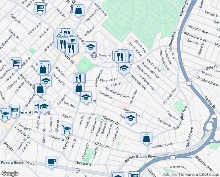 map of restaurants, bars, coffee shops, grocery stores, and more near 20 Mount Washington Street in Everett