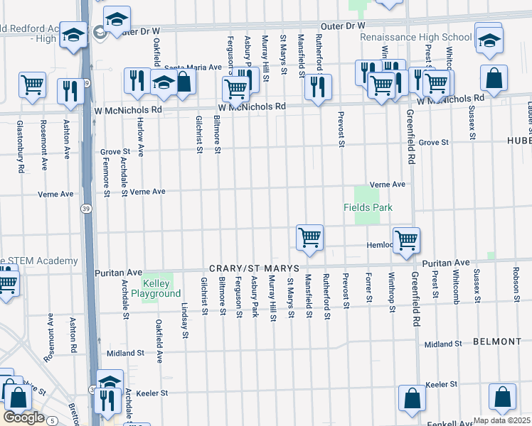 map of restaurants, bars, coffee shops, grocery stores, and more near 16551 Murray Hill Street in Detroit