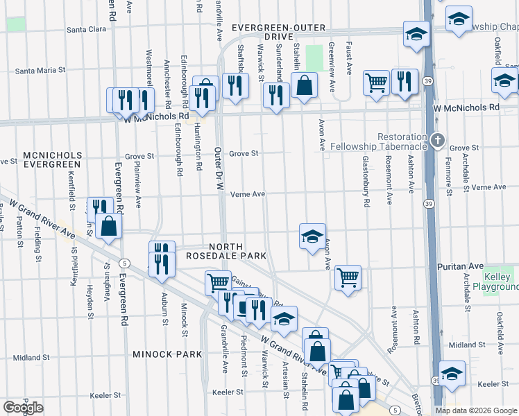map of restaurants, bars, coffee shops, grocery stores, and more near 16577 Warwick Street in Detroit