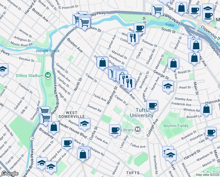 map of restaurants, bars, coffee shops, grocery stores, and more near 48 Winthrop Street in Medford