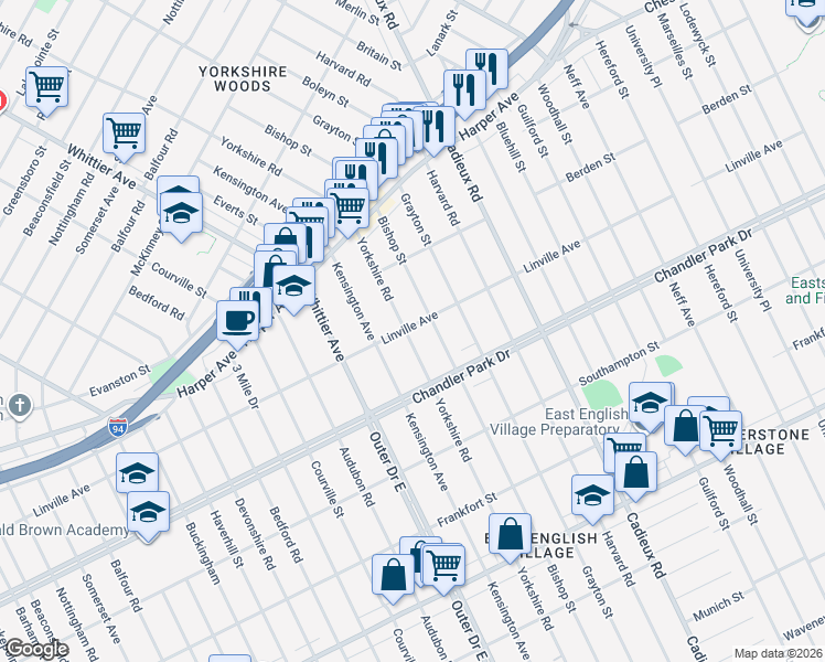 map of restaurants, bars, coffee shops, grocery stores, and more near 5800 Yorkshire Road in Detroit