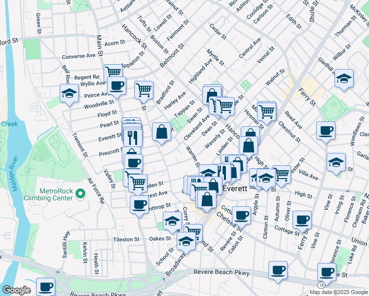map of restaurants, bars, coffee shops, grocery stores, and more near 56 Warren Street in Everett