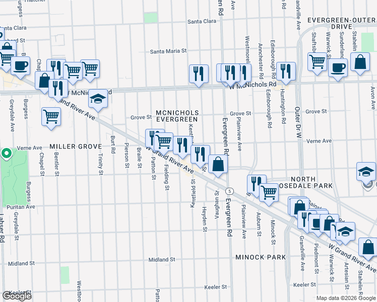 map of restaurants, bars, coffee shops, grocery stores, and more near 16579 Kentfield Street in Detroit