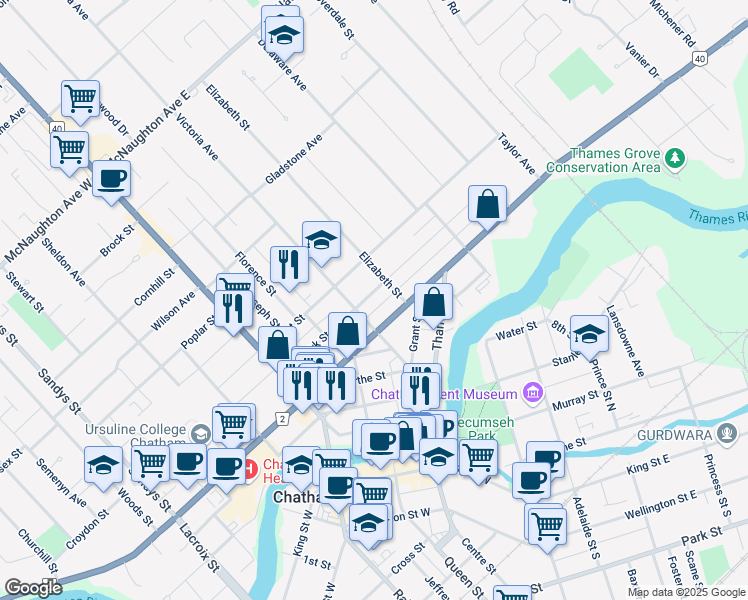 map of restaurants, bars, coffee shops, grocery stores, and more near 112 Selkirk Street in Chatham-Kent
