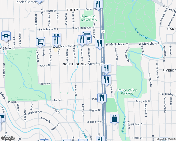 map of restaurants, bars, coffee shops, grocery stores, and more near 16611 Wormer in Detroit