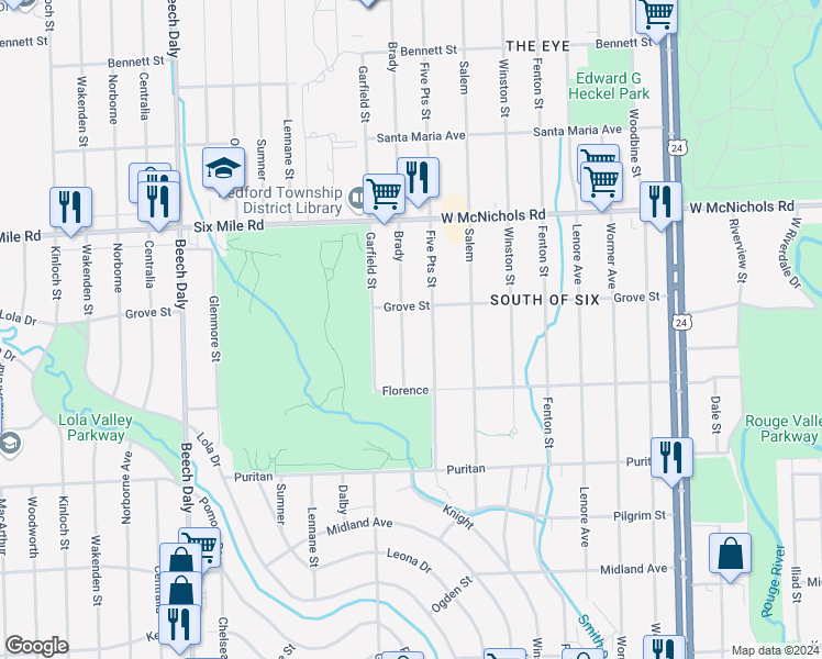 map of restaurants, bars, coffee shops, grocery stores, and more near 16732 Brady in Redford Charter Township
