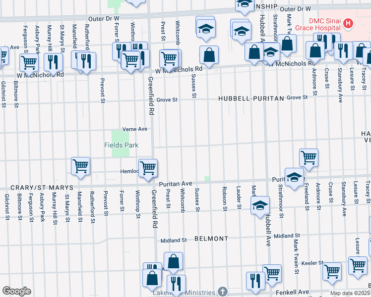 map of restaurants, bars, coffee shops, grocery stores, and more near 16250 Whitcomb in Detroit