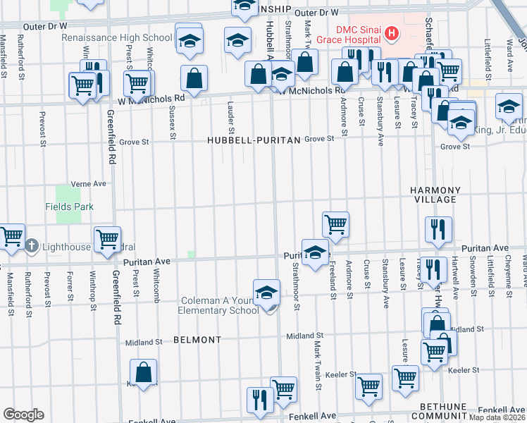 map of restaurants, bars, coffee shops, grocery stores, and more near 16240 Marlowe Street in Detroit