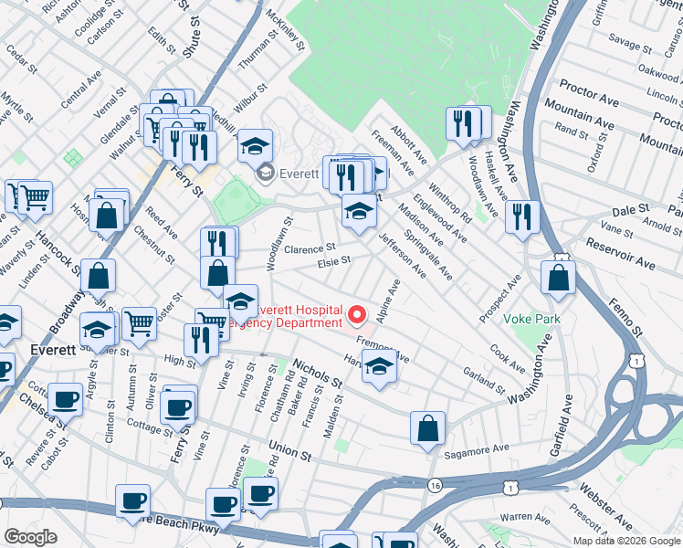 map of restaurants, bars, coffee shops, grocery stores, and more near 19 Rosedale Avenue in Everett