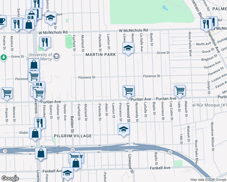 map of restaurants, bars, coffee shops, grocery stores, and more near 16160 Lawton Street in Detroit