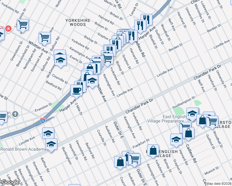 map of restaurants, bars, coffee shops, grocery stores, and more near 5920 Kensington Avenue in Detroit