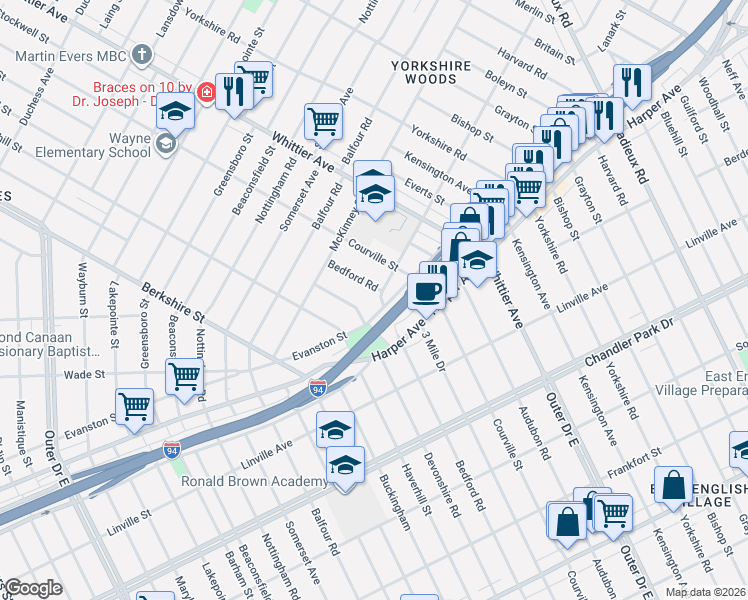map of restaurants, bars, coffee shops, grocery stores, and more near 9131 Bedford Street in Detroit