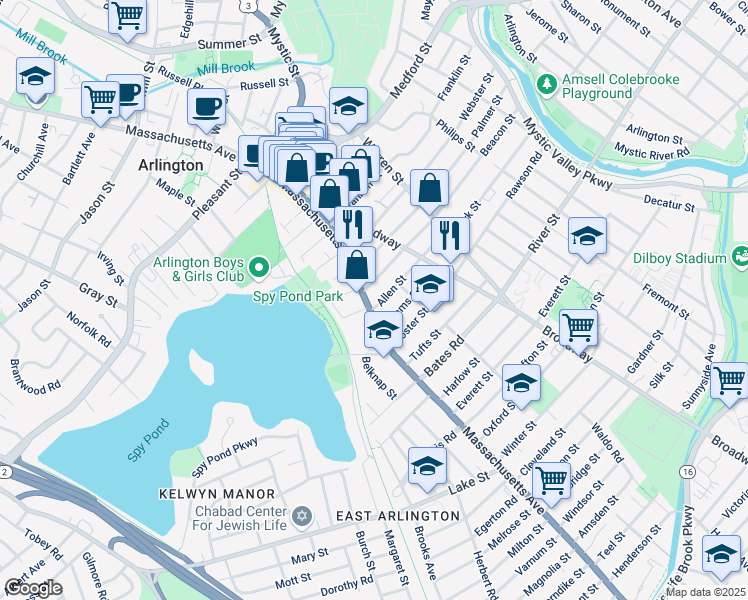 map of restaurants, bars, coffee shops, grocery stores, and more near 339 Massachusetts Avenue in Arlington