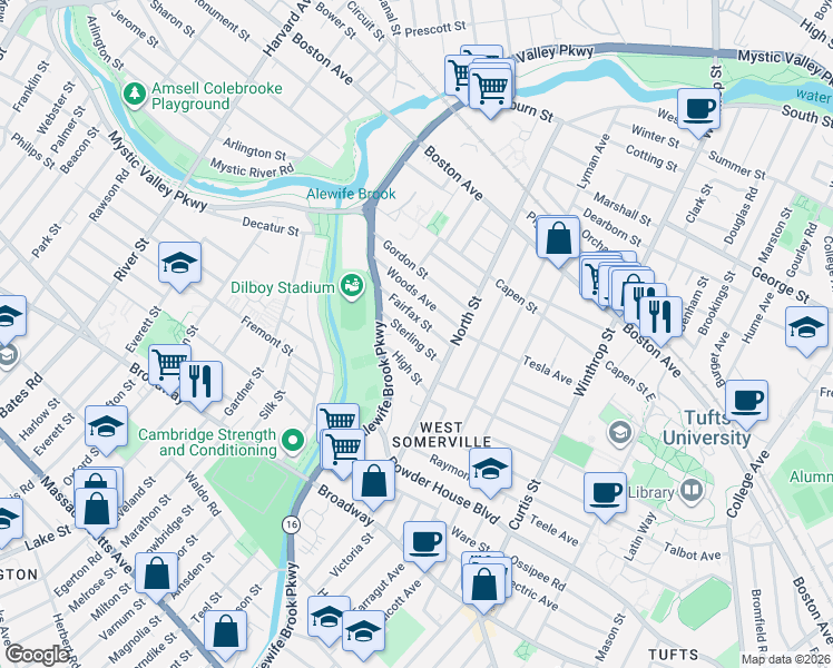 map of restaurants, bars, coffee shops, grocery stores, and more near 44 Sterling Street in Somerville