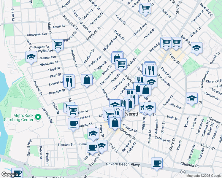 map of restaurants, bars, coffee shops, grocery stores, and more near 78 Waverly St in Everett
