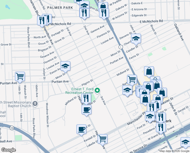 map of restaurants, bars, coffee shops, grocery stores, and more near 160 Pilgrim Street in Highland Park