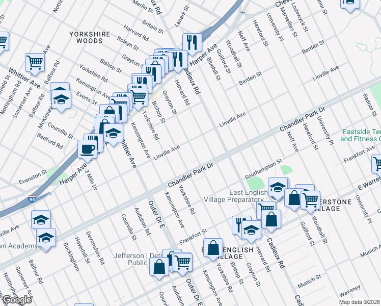 map of restaurants, bars, coffee shops, grocery stores, and more near 5767 Grayton Street in Detroit