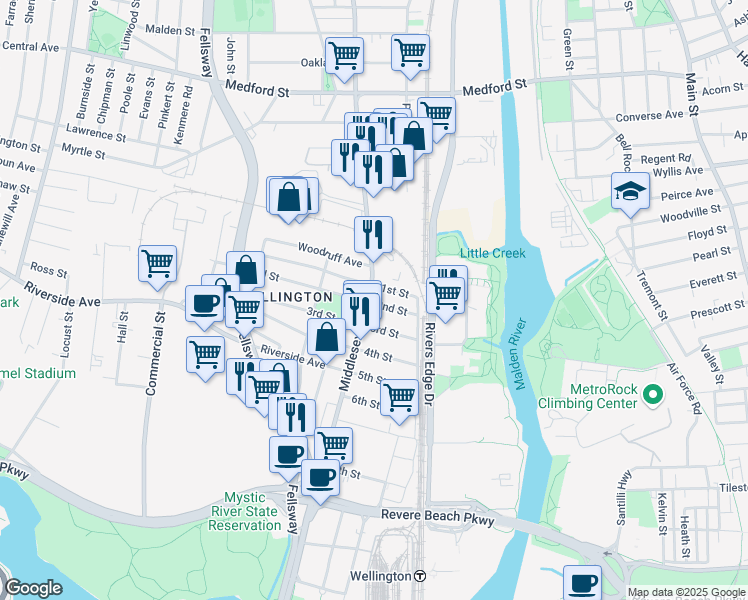 map of restaurants, bars, coffee shops, grocery stores, and more near 35 2nd Street in Medford