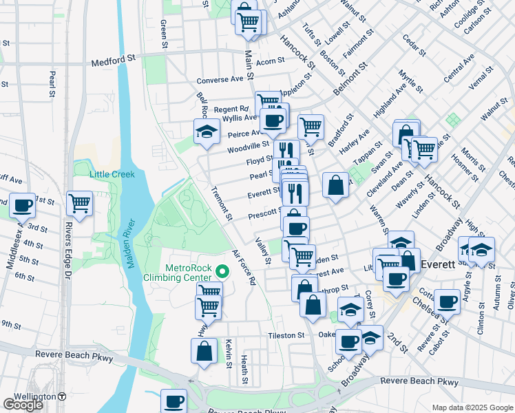 map of restaurants, bars, coffee shops, grocery stores, and more near 57 Prescott Street in Everett