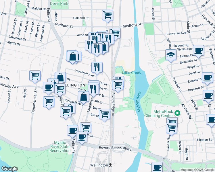 map of restaurants, bars, coffee shops, grocery stores, and more near 4 1st Street in Medford