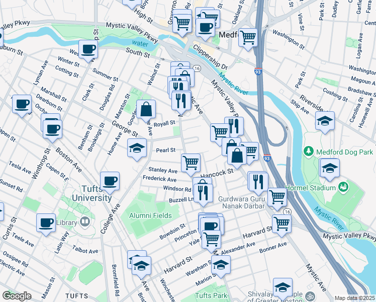 map of restaurants, bars, coffee shops, grocery stores, and more near 229 Main Street in Medford