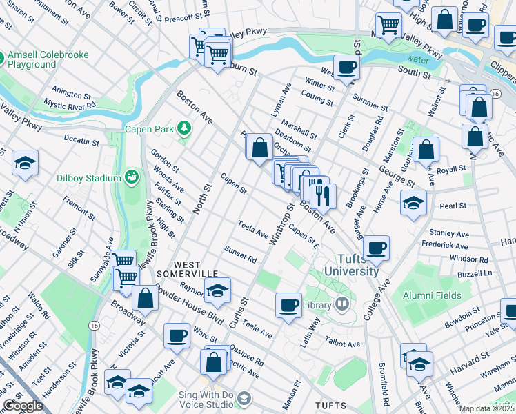 map of restaurants, bars, coffee shops, grocery stores, and more near 32 Capen Street East in Medford
