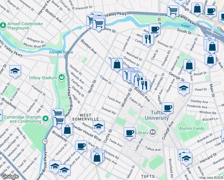 map of restaurants, bars, coffee shops, grocery stores, and more near 32 Capen Street East in Medford