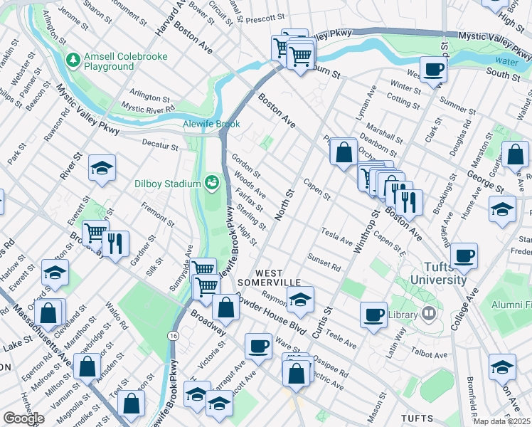 map of restaurants, bars, coffee shops, grocery stores, and more near 15 Fairfax Street in Somerville