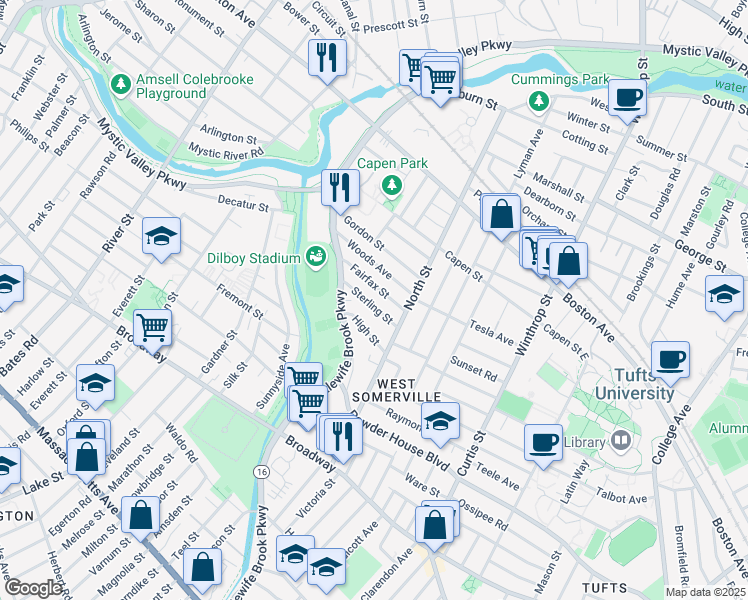 map of restaurants, bars, coffee shops, grocery stores, and more near 44 Sterling Street in Somerville